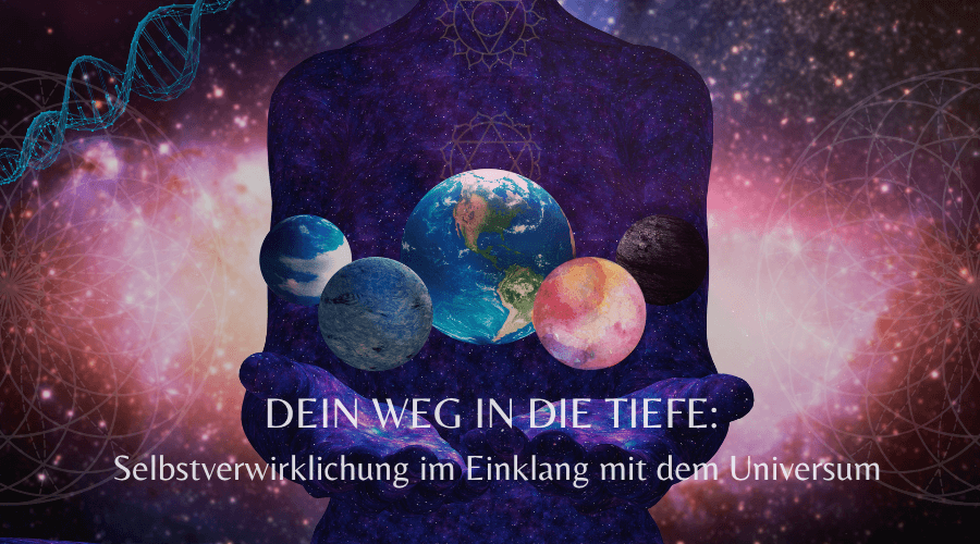 Ein Mandala, in dessen Zentrum sich Licht ausbreitet, verbunden mit astrologischen Symbolen, DNA-Strukturen, einer Silhouette im Lotussitz – um die Vielschichtigkeit von Sein, Genetik, Astrologie, Energien und Bewusstsein bildlich zu zeigen.